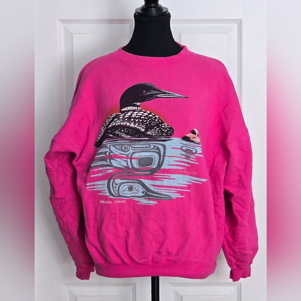 Loon Sweatshirt with Monica Closs Art, Whistler, BC, Canada Pink Graphic, Size M - Picture 6 of 11